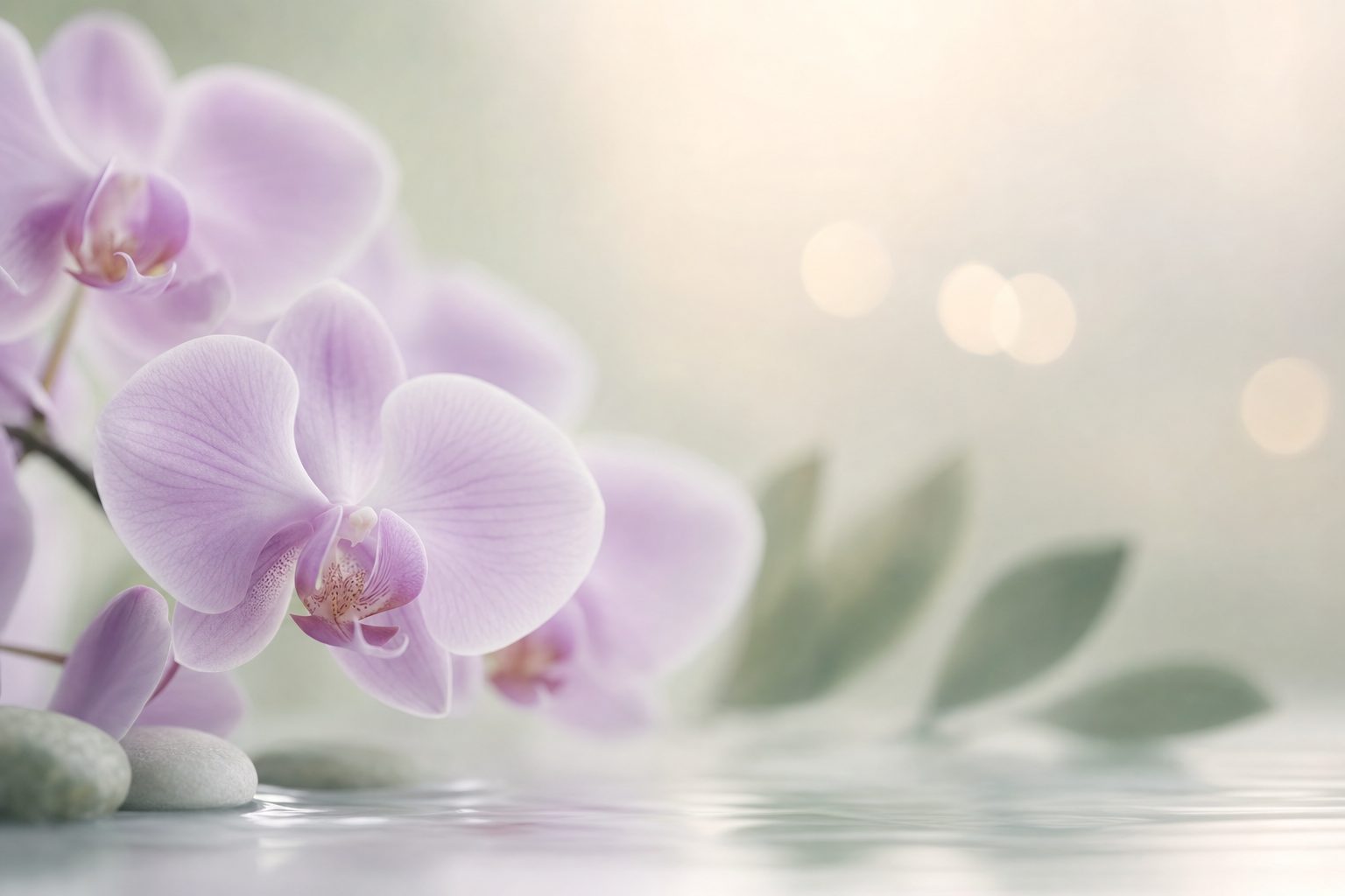 Soft orchid blooms beside still water, representing a calm telehealth care experience