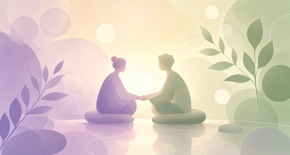 Two soft figures gently connecting in warm light — safety, belonging, and ease in overcoming social anxiety